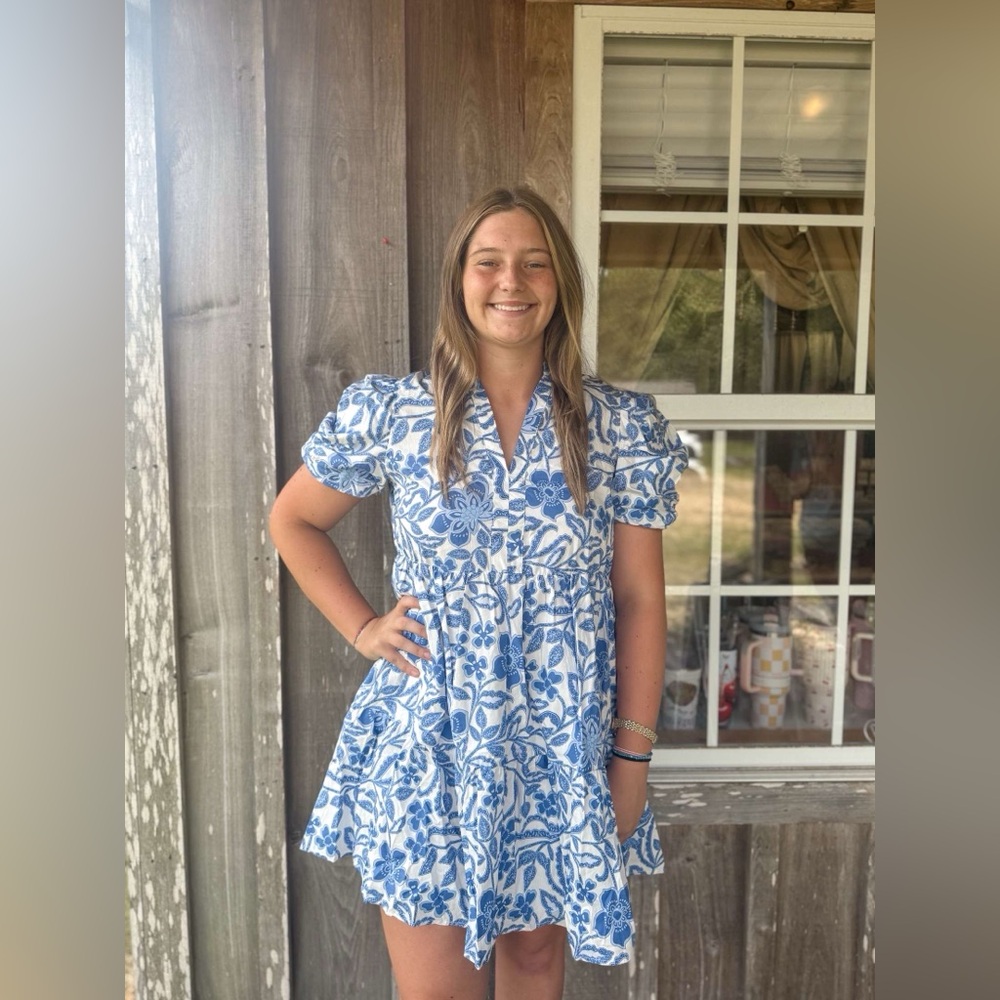 LOVESOFT Blue Flower Print Puff Sleeve Tiered Flowey Mini Dress - Picture 3 of 7
